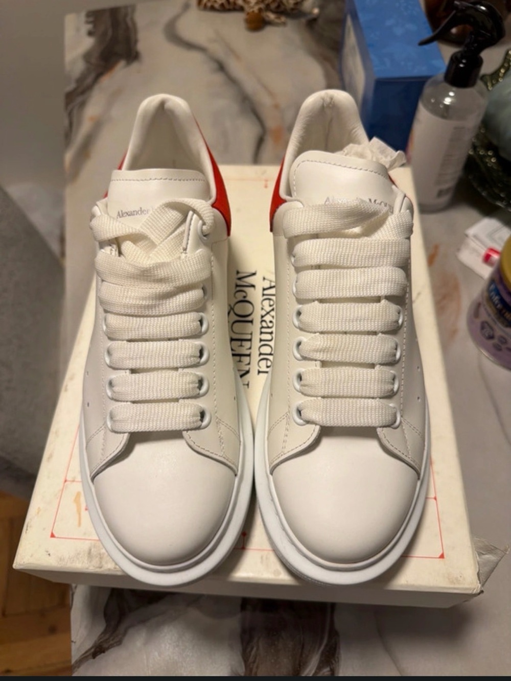 Alexander McQueen White Leather Sneakers with Red Heel Tab